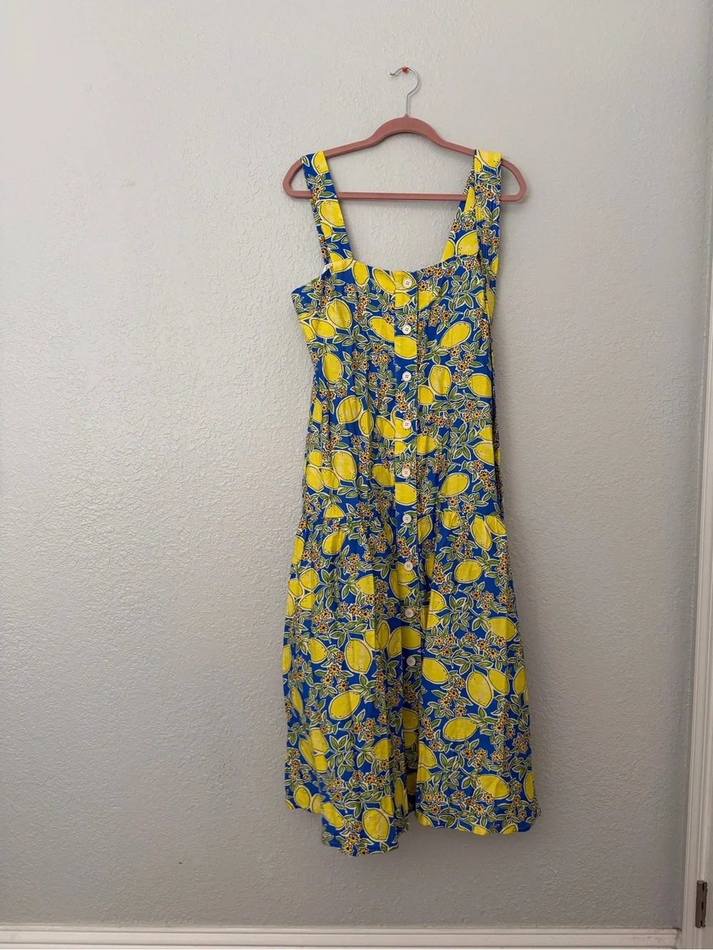 NWOT Yellow & Blue Lemon-Print Midi Dress with Tie Waist - Picture 15 of 16